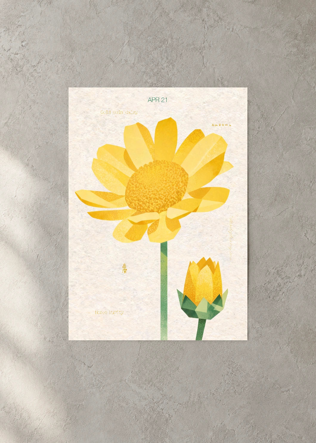 April 21 Birth Flower Poster — Gold Coin Daisy — concrete wall