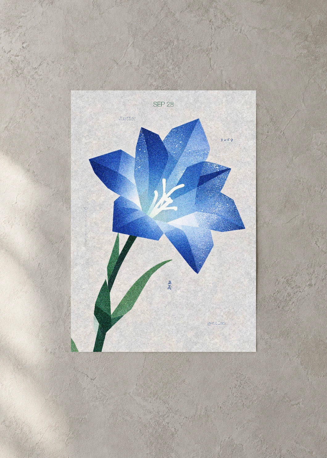 September 28 Birth Flower Poster — Japanese Gentian — concrete wall