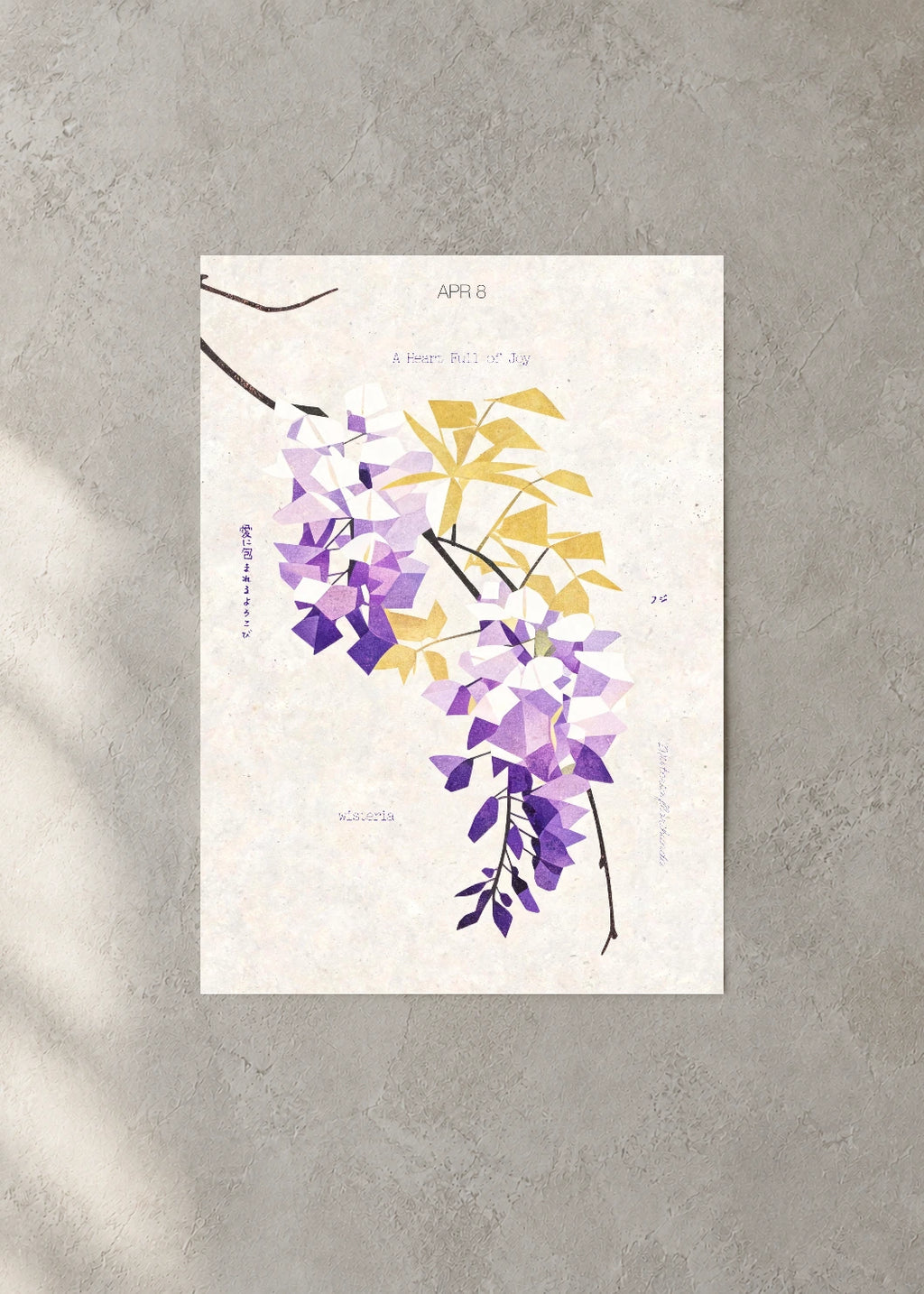 April 8 Birth Flower Poster — Japanese Wisteria — concrete wall