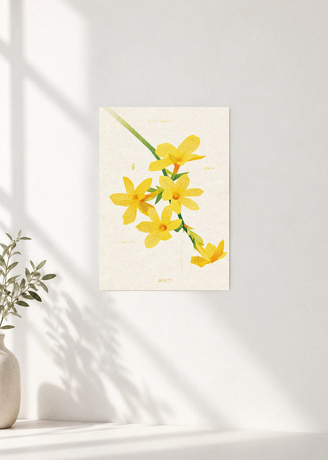 January 23 Birth Flower Poster — Winter Jasmine — clean wall