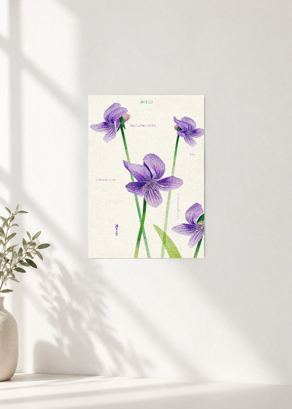 January 29 Birth Flower Poster — Manchurian Violet — clean wall