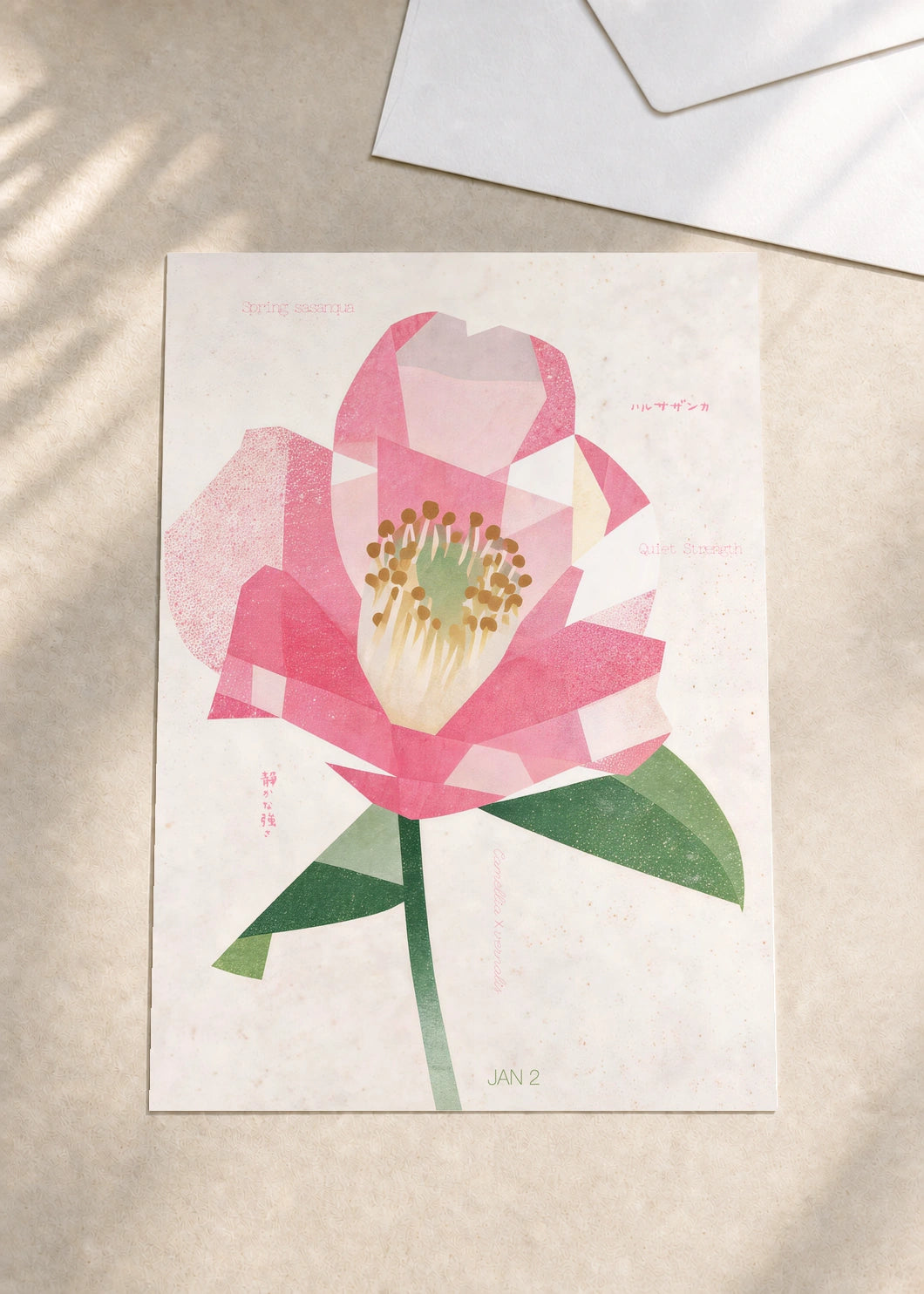 January 2 Spring Sasanqua birth flower card — envelope