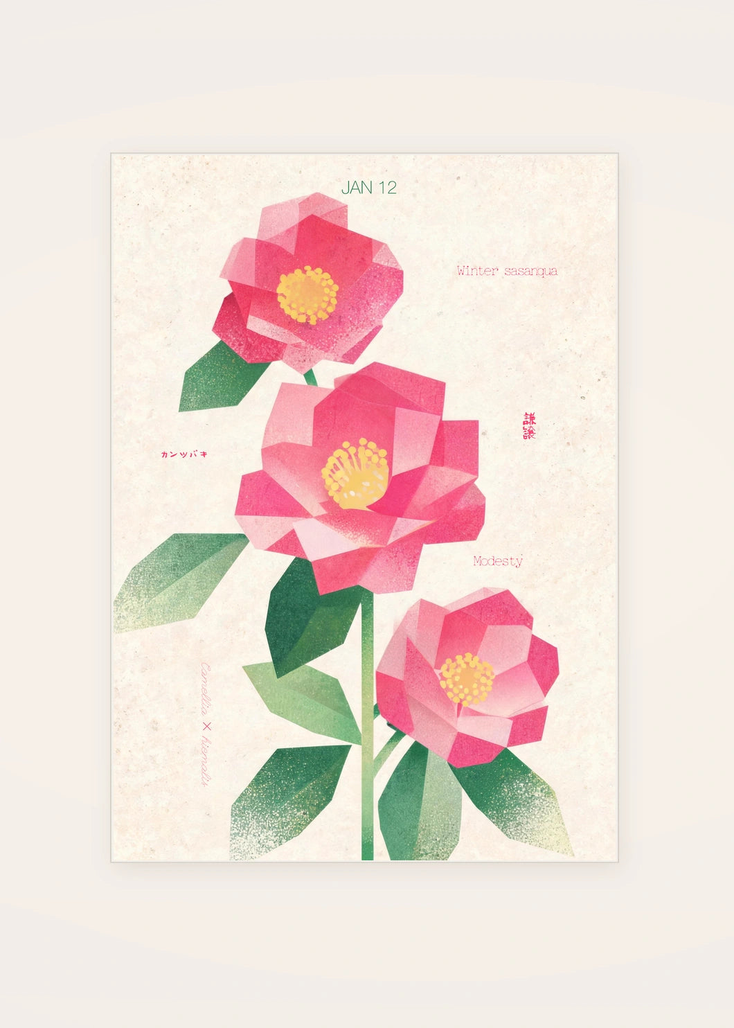 January 12 Winter Sasanqua birth flower card — clean