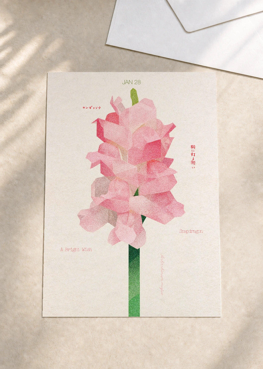 January 28 Snapdragon birth flower card — envelope