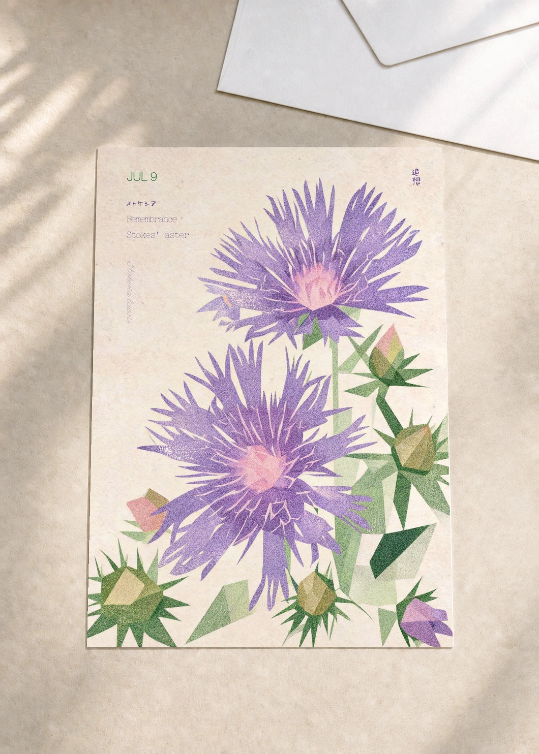 July 9 Stokes' Aster birth flower card — envelope